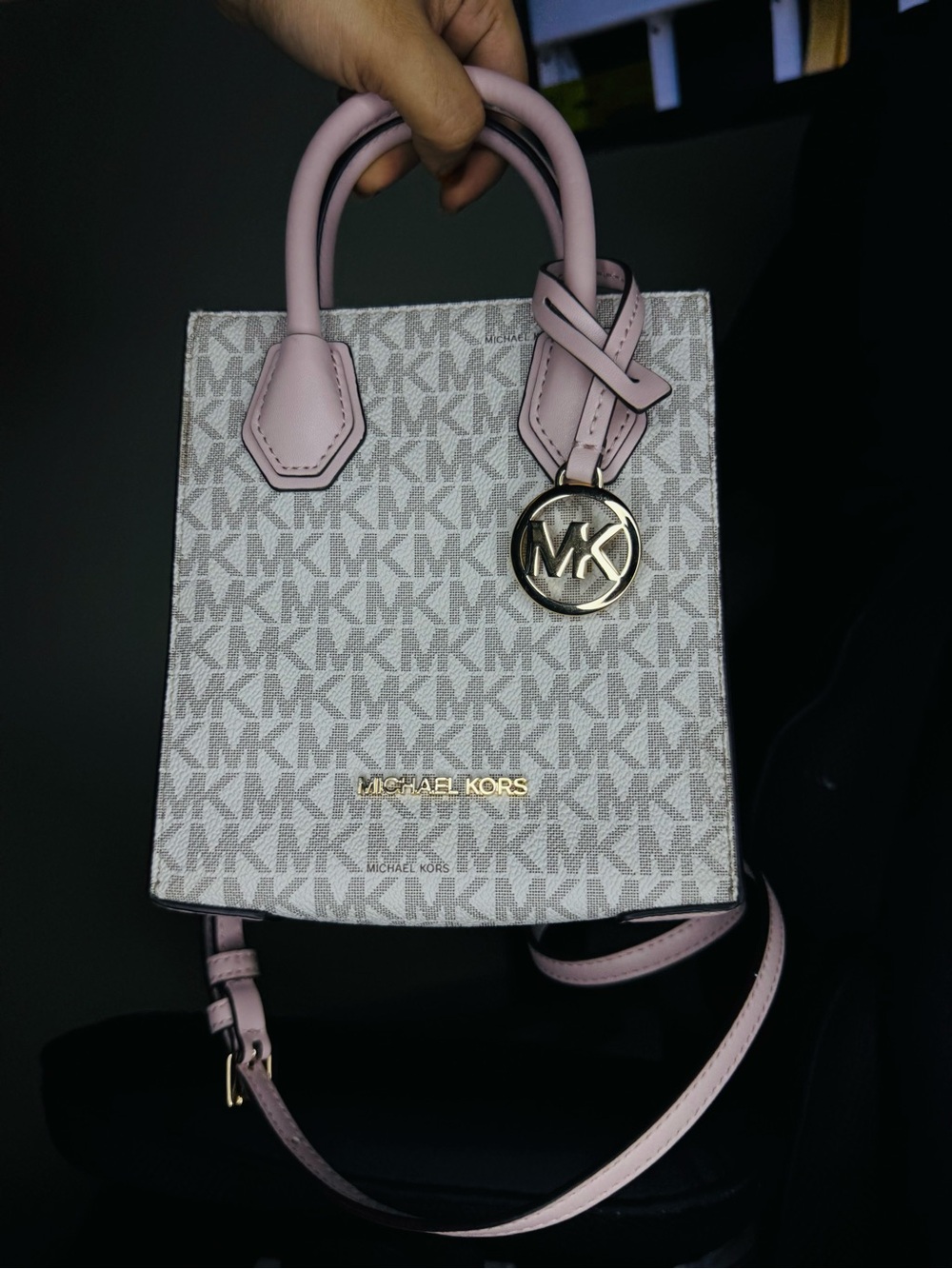Michael Kors Pink Trim Signature MK Small Tote with Gold Charm